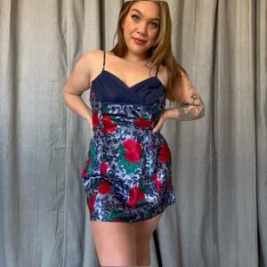 Navy Blue Floral Slip Dress | Vintage Lingerie |  – Size Large